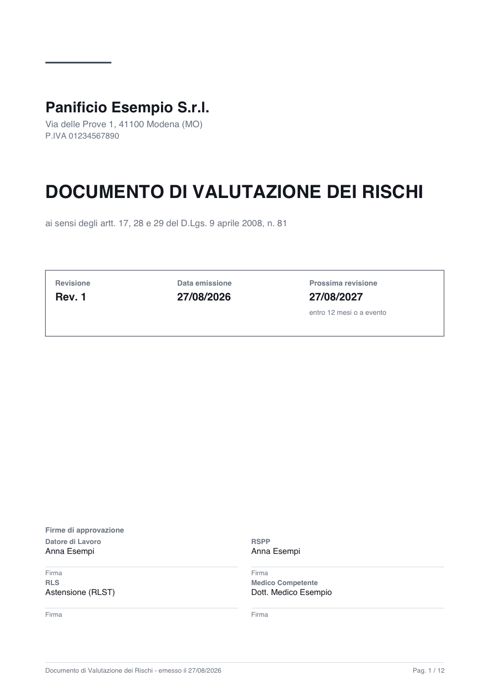 La copertina di un DVR generato dal portale: ragione sociale, sede, partita IVA, il titolo «Documento di valutazione dei rischi», il numero di revisione con la data di emissione e il riquadro delle firme di approvazione.