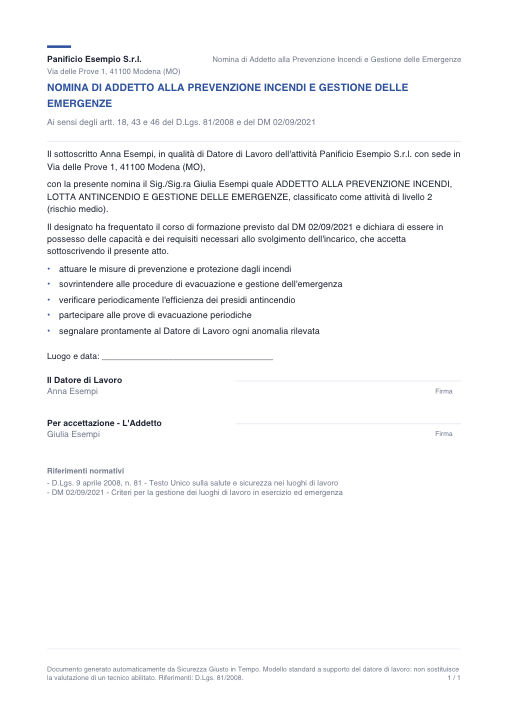 Una nomina di addetto alla prevenzione incendi: il datore di lavoro nomina una lavoratrice, sono elencati i cinque compiti dell'incarico, e in fondo ci sono due righe di firma — quella del datore e quella dell'addetta per accettazione.