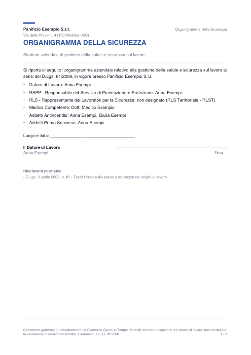L'organigramma della sicurezza: sei righe con datore di lavoro, RSPP, rappresentante dei lavoratori, medico competente, addetti antincendio e addetti al primo soccorso, ognuna col nome della persona.