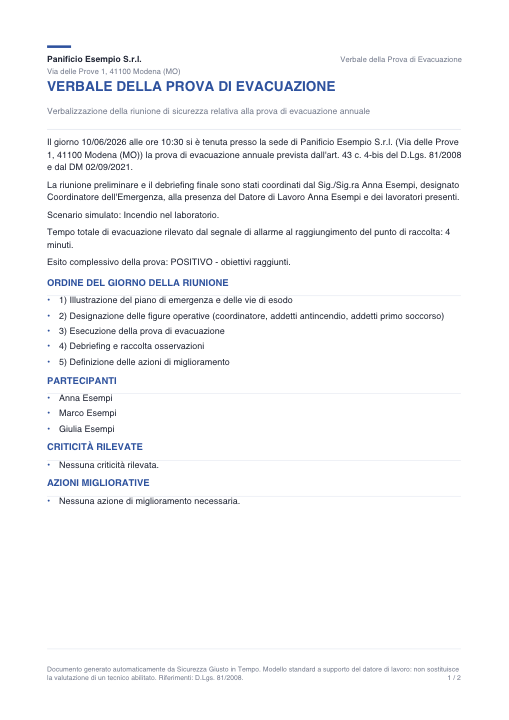 Il verbale di una prova di evacuazione: data e ora della prova, lo scenario simulato, il tempo di sfollamento misurato, l'esito, l'ordine del giorno della riunione, i partecipanti e le criticità rilevate.